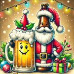 DALL·E 2024-12-22 16.25.14 - A hand-drawn style Christmas caricature featuring a cheerful beer bottle and beer mug, both dressed as Santa Claus. The beer mug has a frothy beard .webp